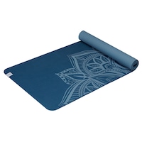 Gaiam TPE Printed Yoga Mat, Blue, 6-mm Front_Three_Fourths_Angled_Left