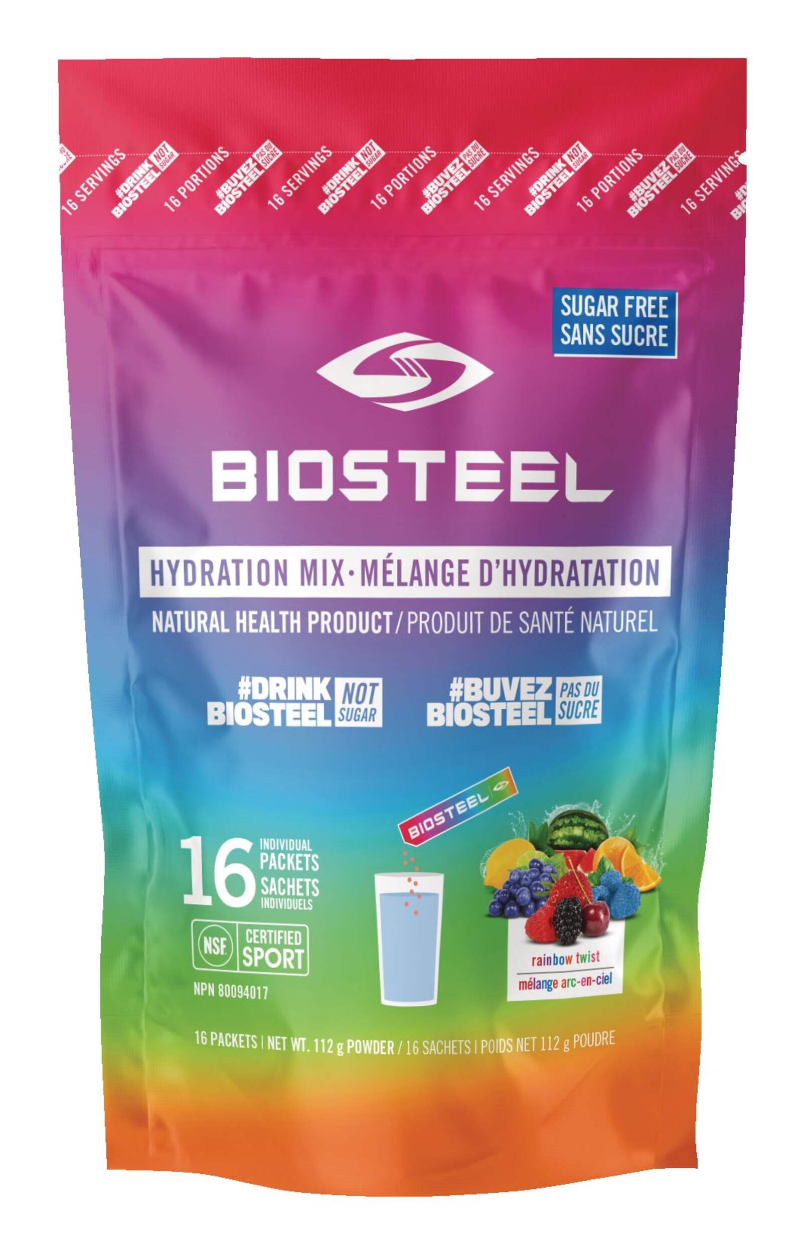 BioSteel Sports Hydration Mix Powder, Rainbow Twist, 16-pk Front_Flat