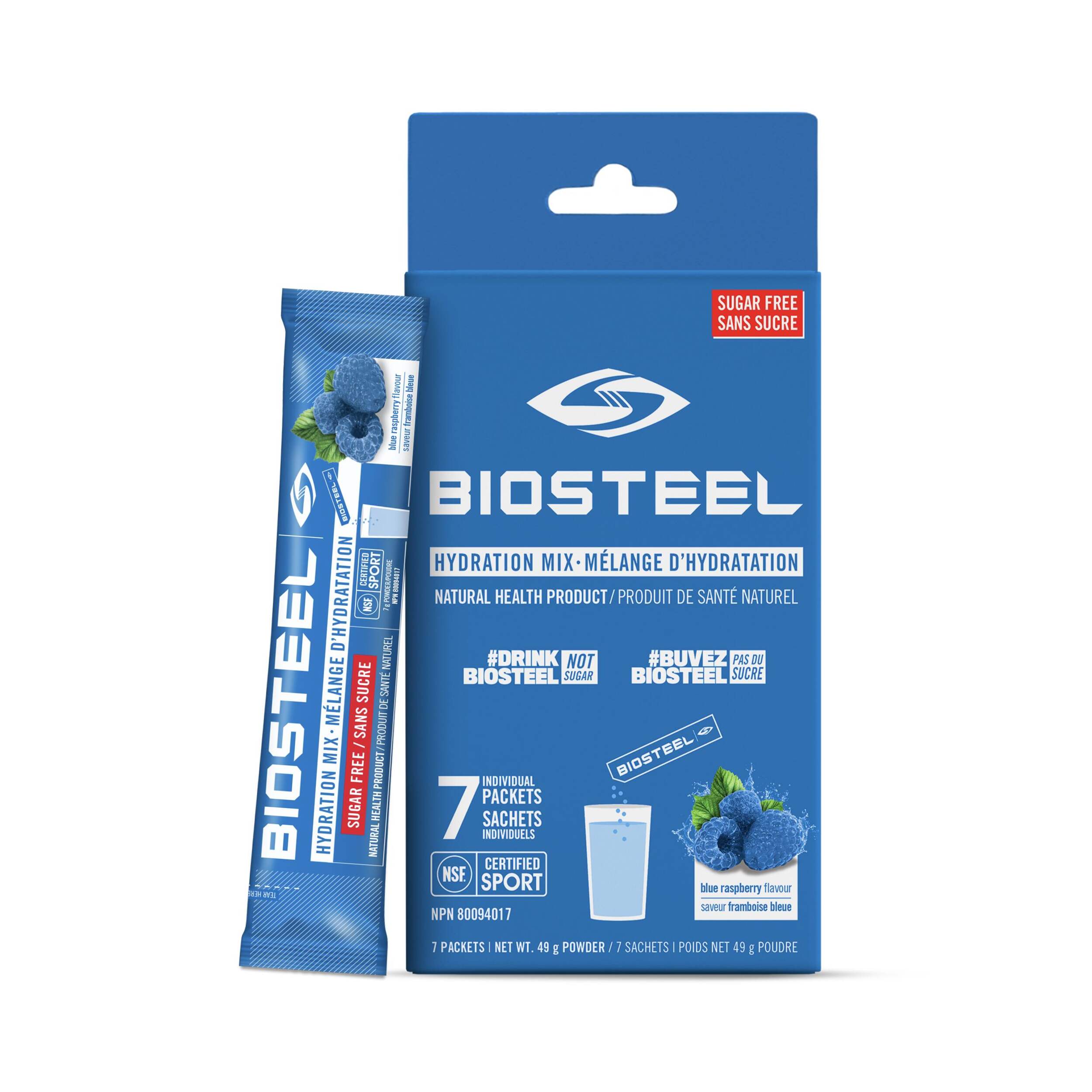 BioSteel Zero Sugar Hydration Powder Mix, Natural Health Product, Blue Raspberry, 7-Packet Box Front_Flat