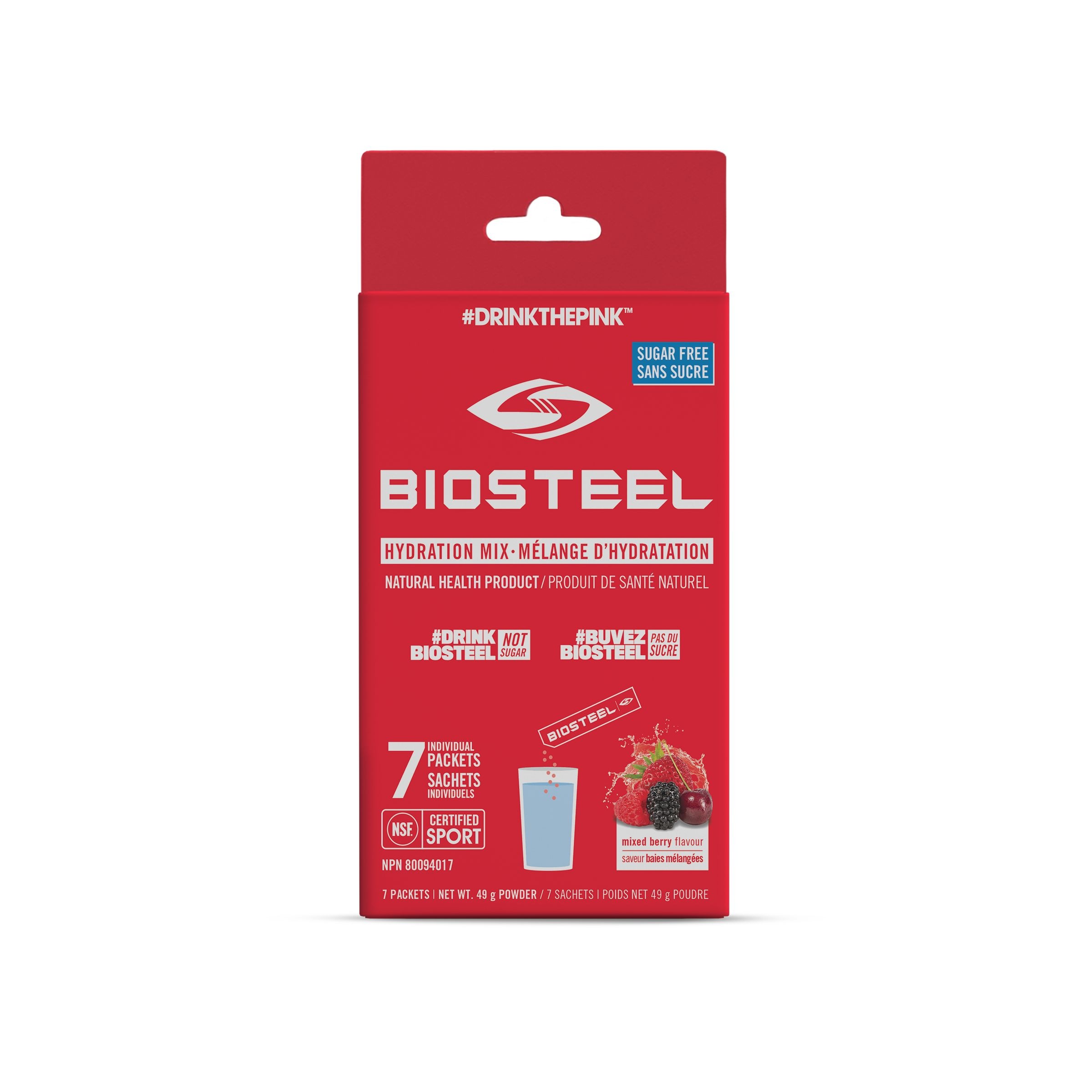 BioSteel Zero Sugar Hydration Powder Mix, Natural Health Product, Mixed Berry, 7Packet Box