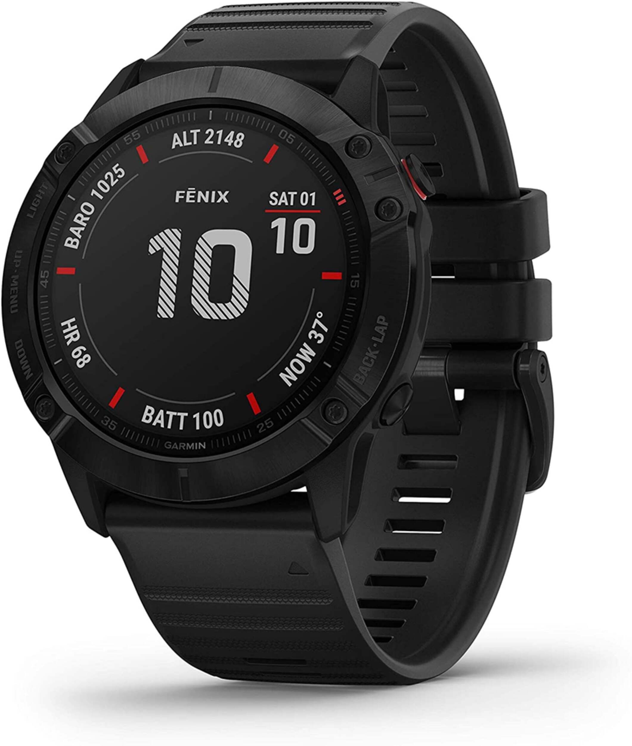 Garmin Fenix 6X Pro Premium Multisport GPS Watch, Carbon Gray DLC with Black Band Front_Angled_Left