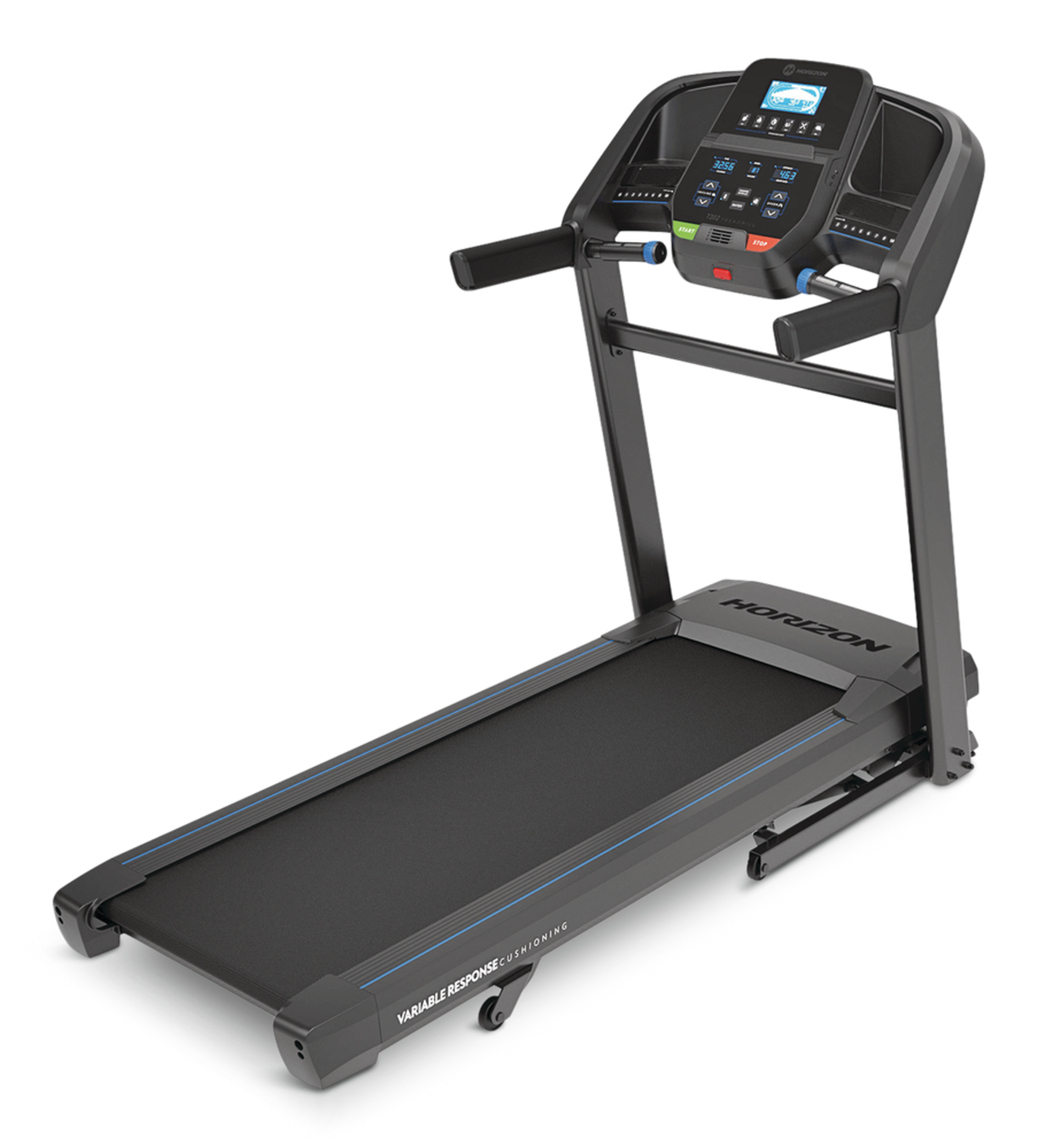 Horizon Fitness T202 Folding Treadmill Front_Three_Fourths_Angled_Left