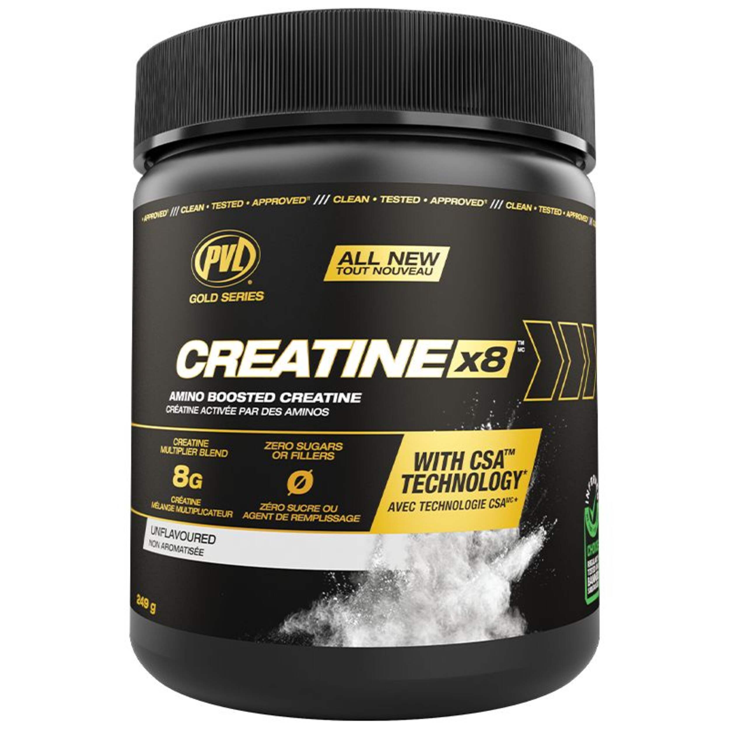 Poudre de créatine activée par d'acides aminés PVL Gold Series Creatine X8, sans saveur, sans sucre ou agent de remplissage, 249 g Front_Flat