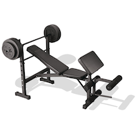 WA:KE Athletic Adjustable Bench with Barbell and 100lb Weight Plate Set Front_Angled_Right