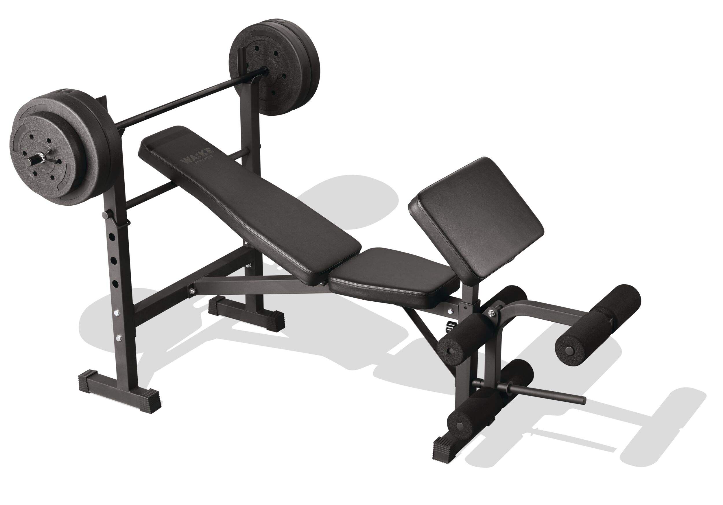 WA:KE Athletic Adjustable Bench with Barbell and 100-lb Weight Plate Set Front_Angled_Right