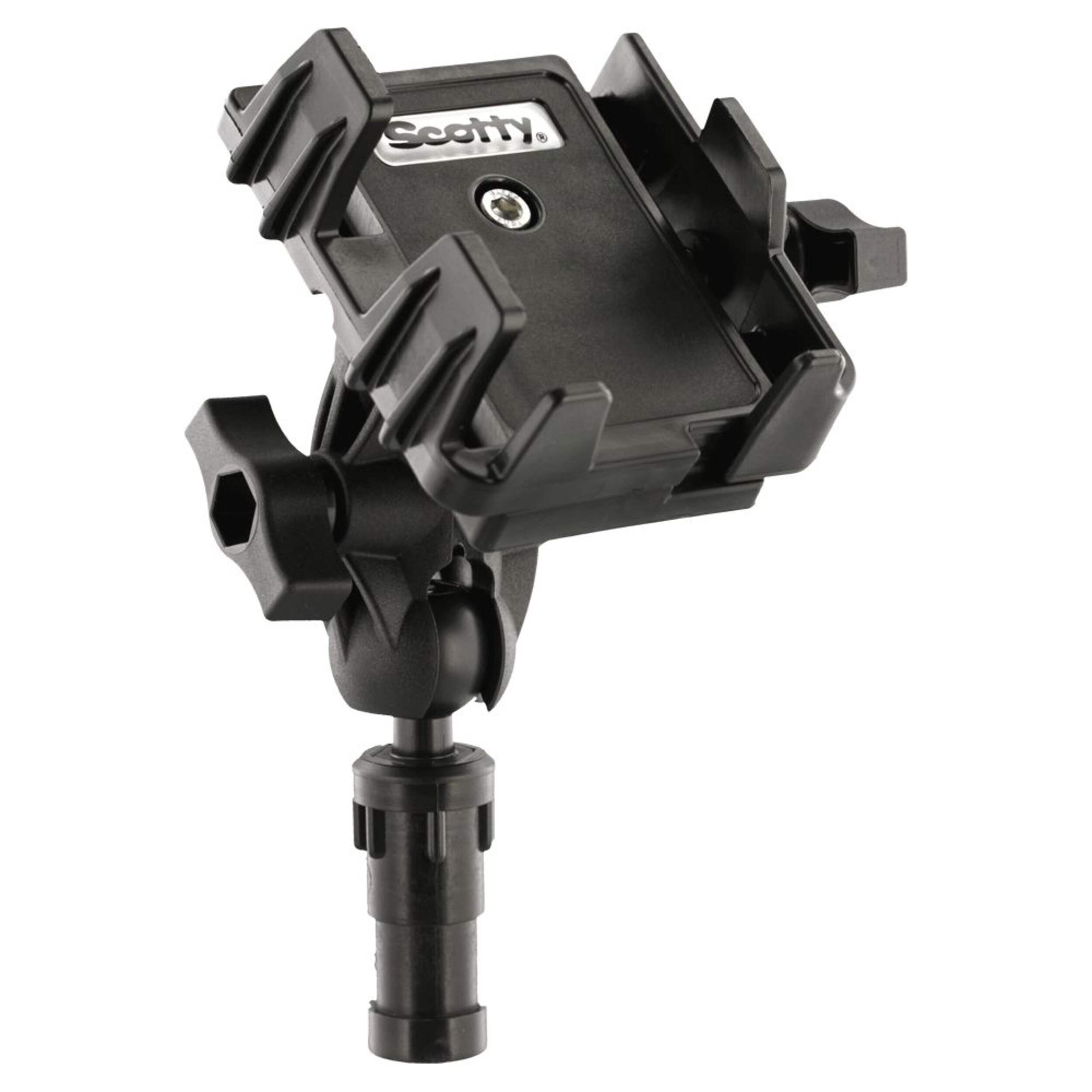 Scotty Phone Holder with Post, Track & Rail Mount, Great for Kayak Fishing Front_Three_Fourths_Angled_Right