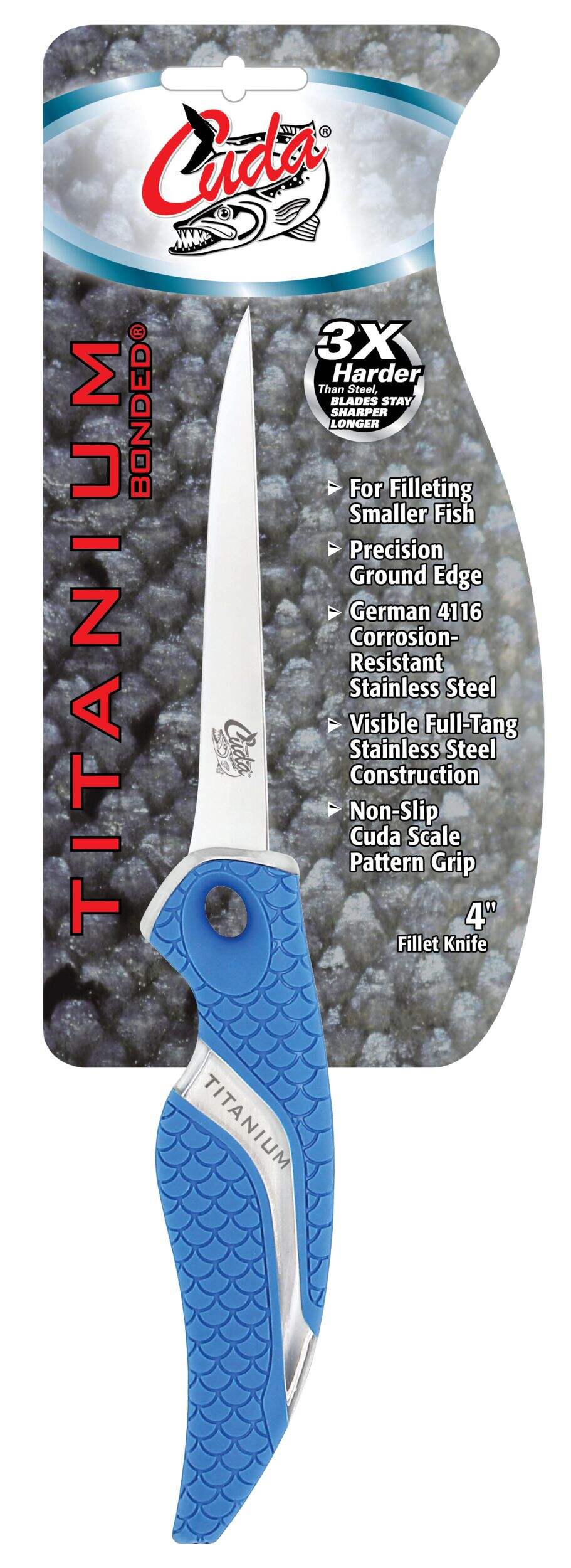 Cuda Titanium Bonded Stainless Steel Fillet Knife with Non-Slip Grip, 4-in, Blue Front_Flat