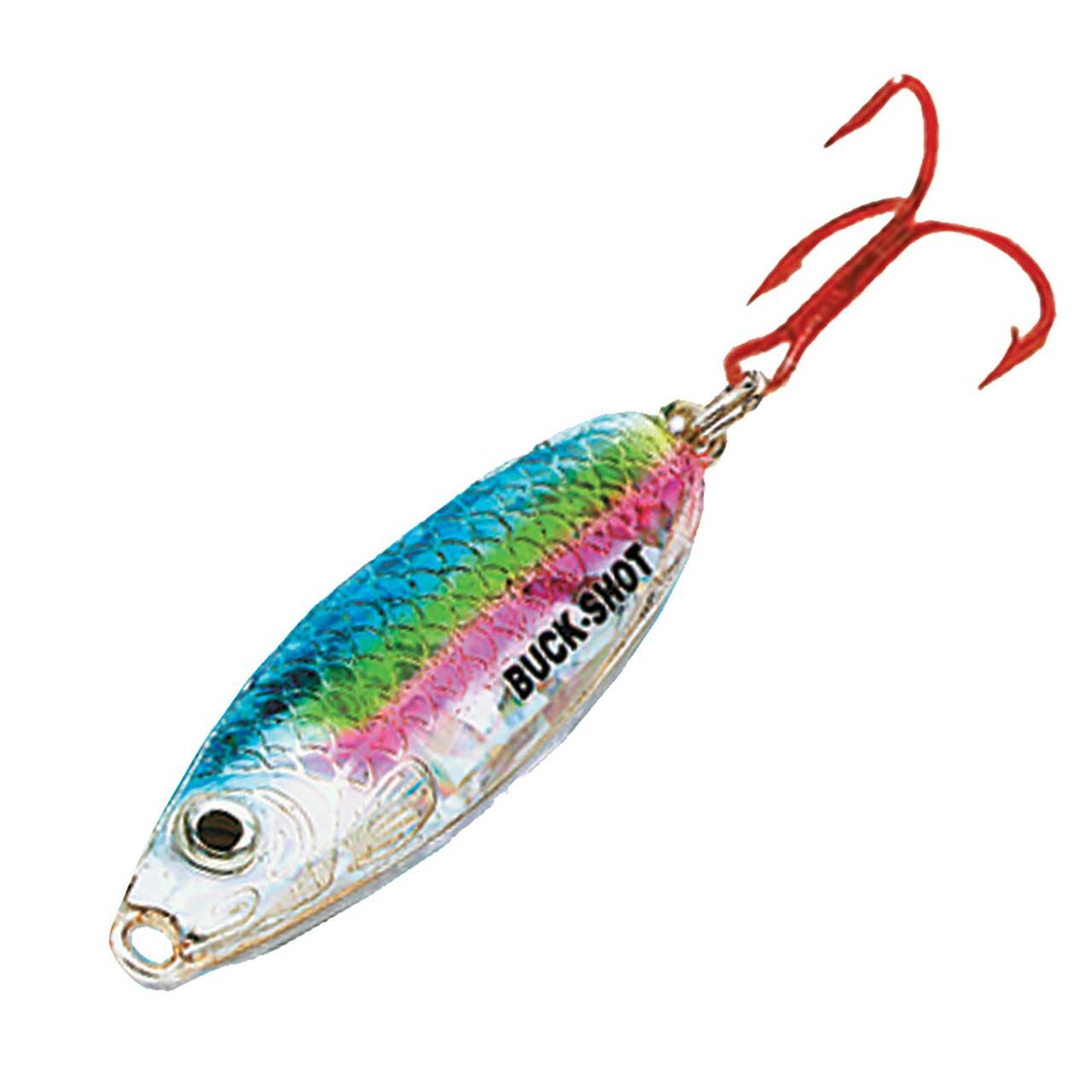 Buck-Shot Ice Fishing Rattle Spoon, Glow Rainbow, 3/8-oz