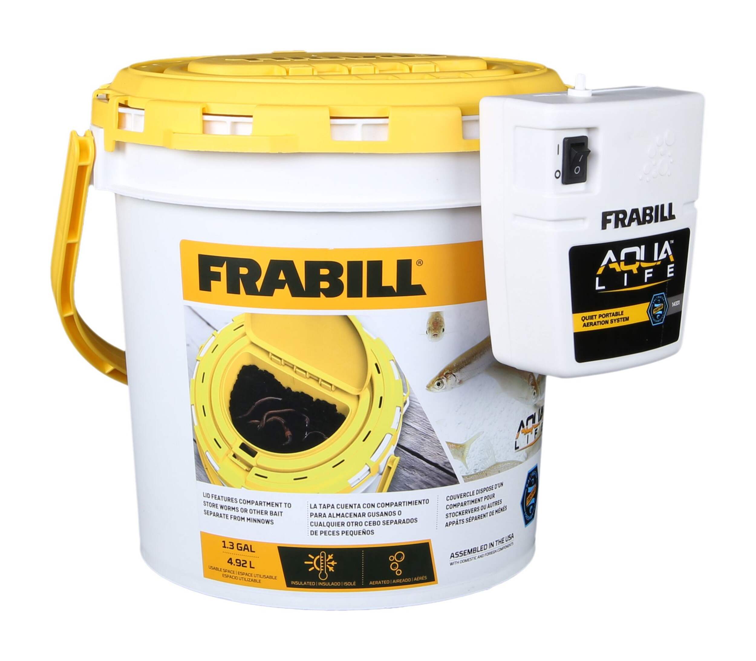 Frabill Dual Fish Bait Bucket with Clip-on Aerator Front_Elevated
