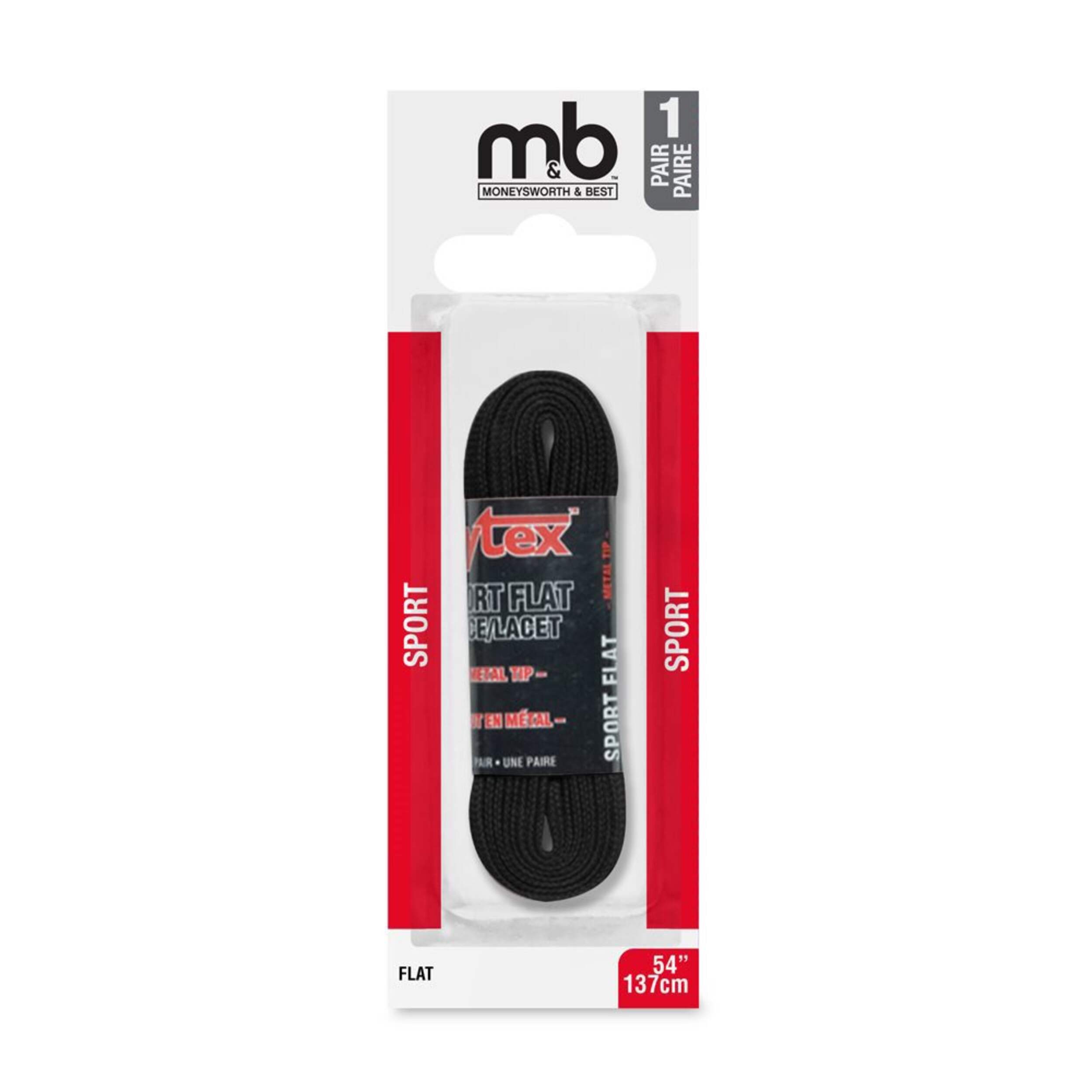 Moneysworth & Best Flat Sport Shoe Laces for Casual/Athletic Shoes, 54-in, 1-pr, Black Front_Flat