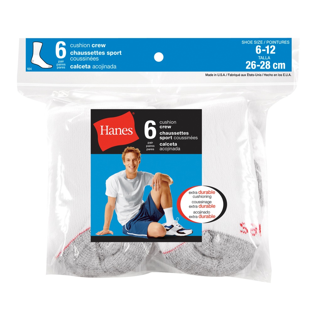 Hanes Men's Crew Socks, White, 6pk Canadian Tire