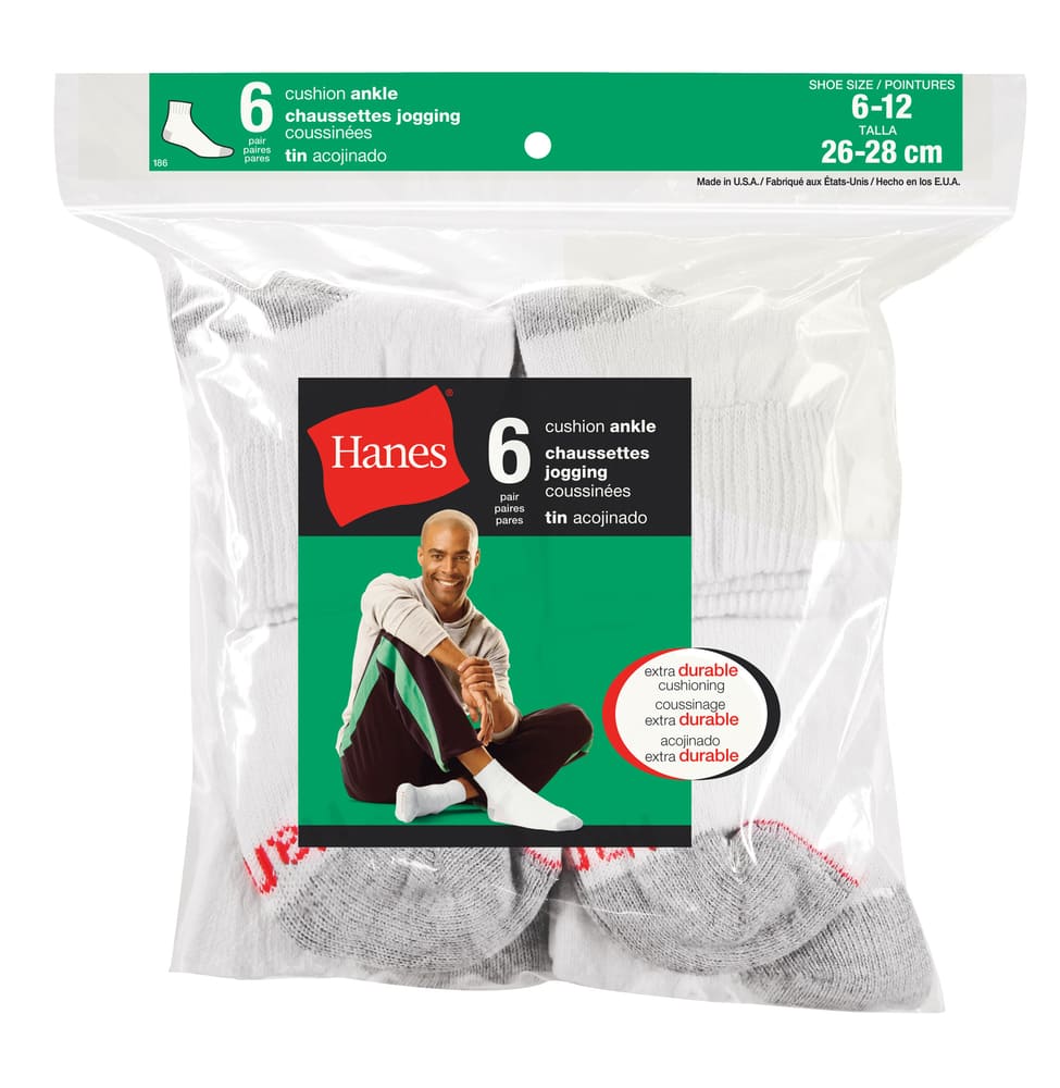 Hanes Men's Ankle Socks, White, 6-pk