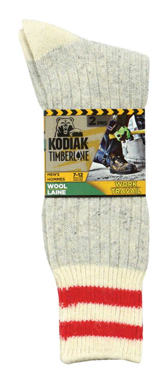 Kodiak Men's Wool Crew Work Socks with Moisture-Wicking, 2-pk, Light Grey