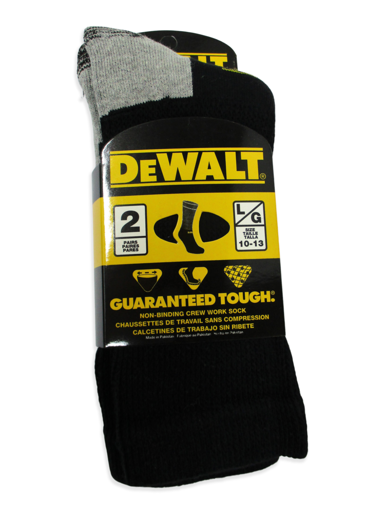 DEWALT Men's Specialty Non-Binding Comfortable Crew Work Socks, 2-pk, Black