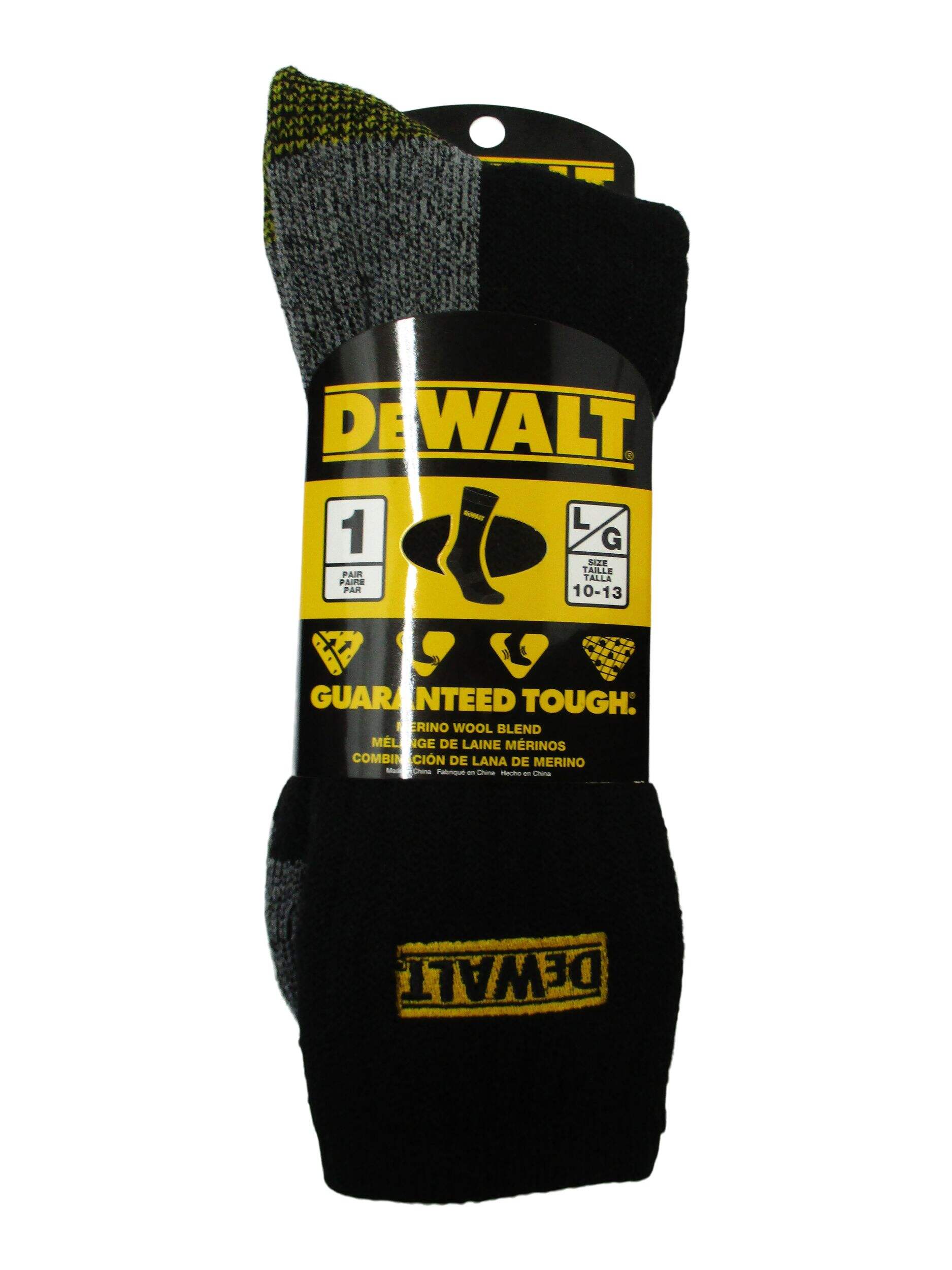DEWALT Men's Merino Wool Blend Breathable Work Socks, Reinforced Heel and Toe, Black Front_Flat