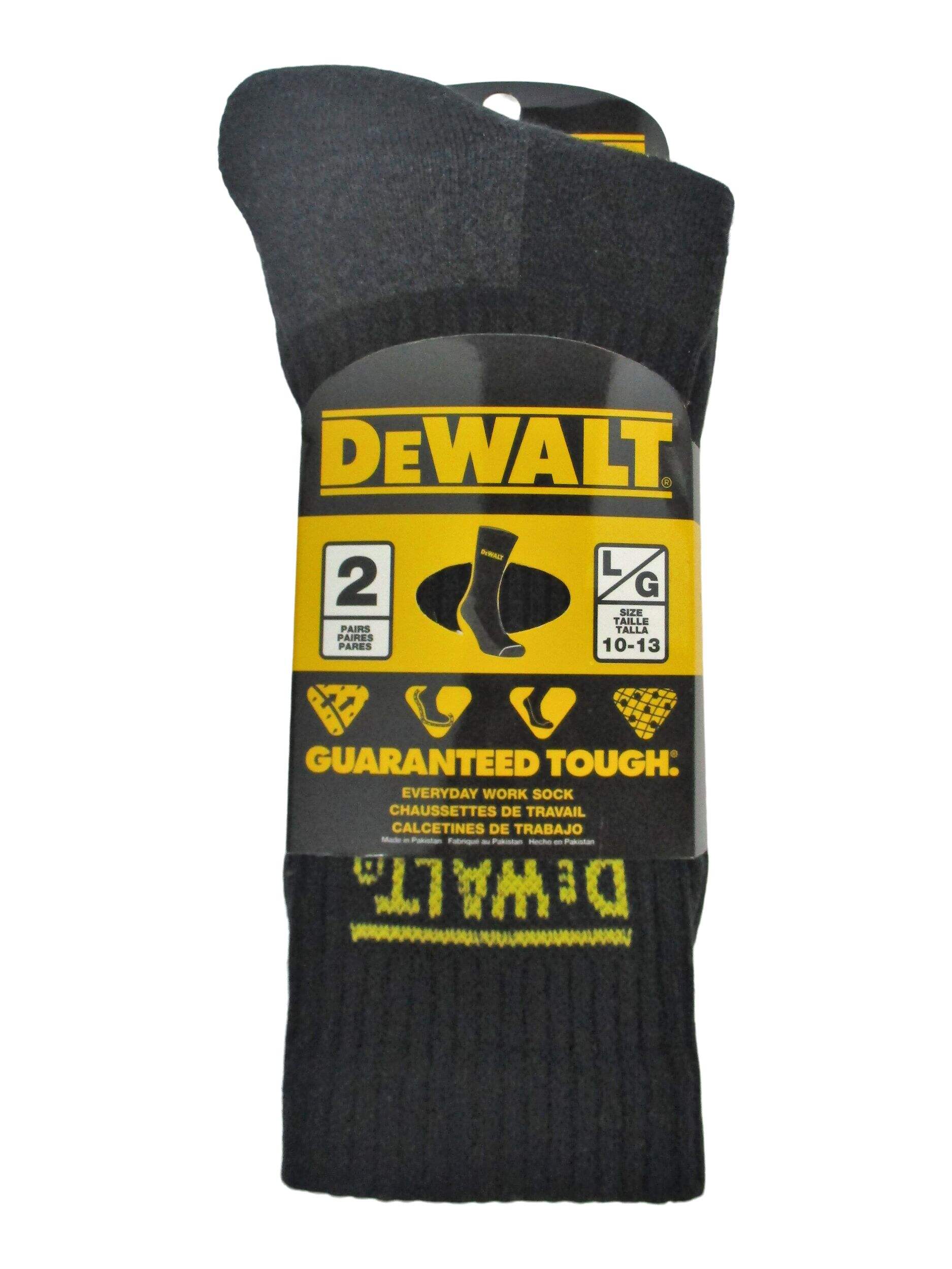 DEWALT Men's Everyday Work Socks, Cushioned for Comfort, Reinforced Heel/Toe, 2-pk, Black Front_Flat
