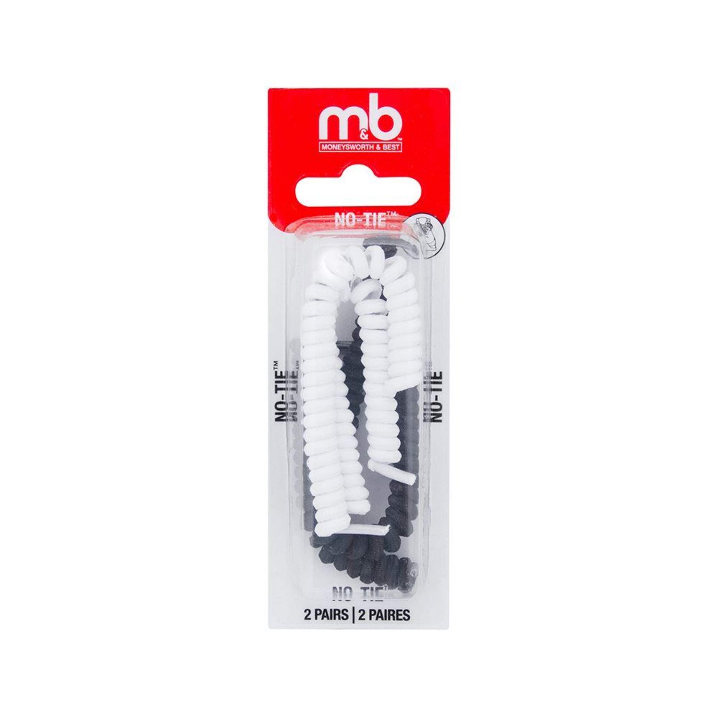 Moneysworth & Best No-Tie Shoe Laces for Kids and Adults, 36-in, 2-pk, Black/White Front_Flat