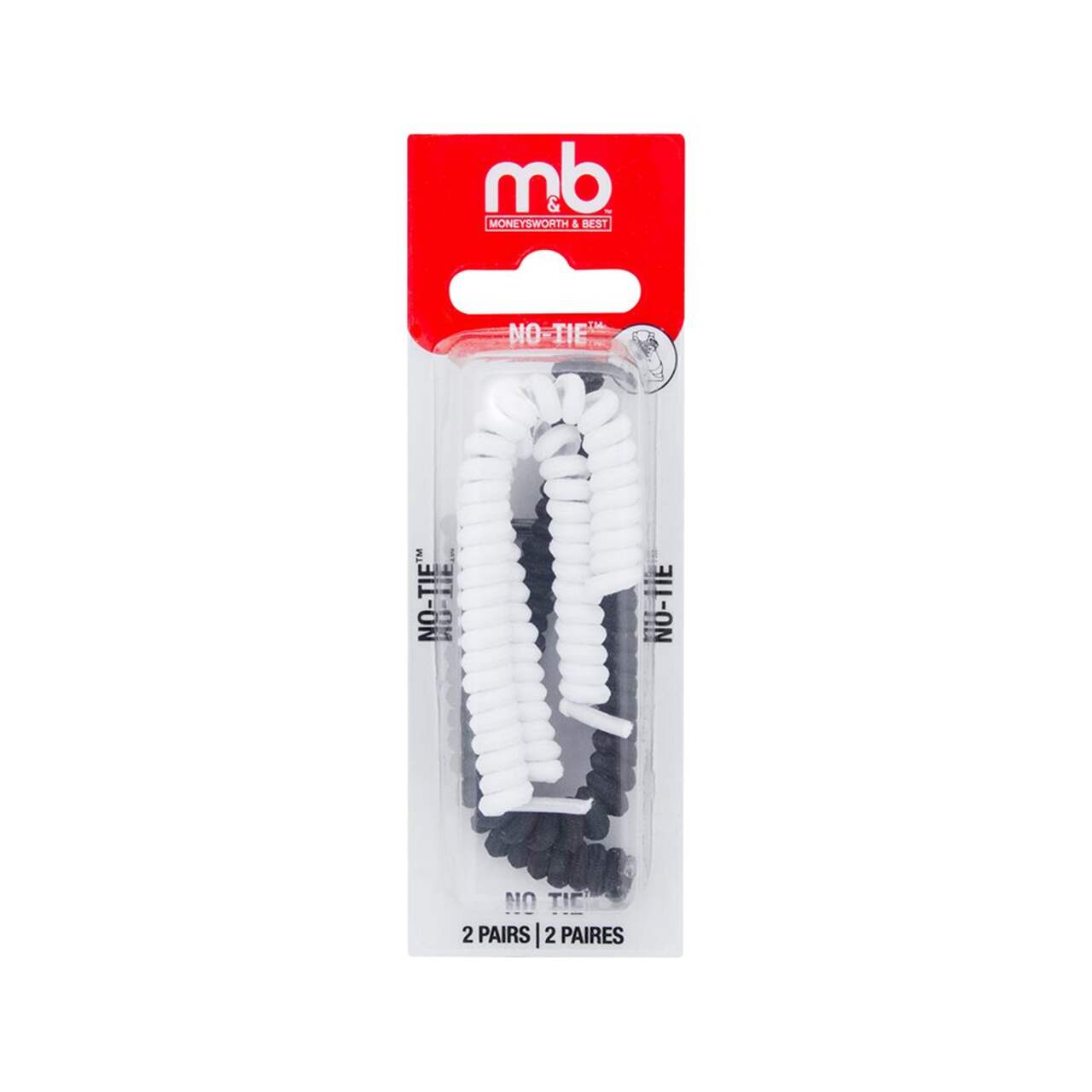 Moneysworth & Best No-Tie Shoe Laces for Kids and Adults, 36-in, 2-pk,  Black/White