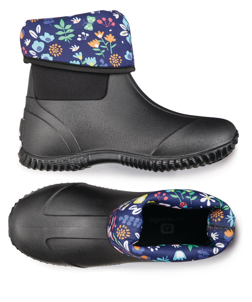 Outbound Women's Waterproof Fold Over Ankle Rain Boots, Black with MultiColour Lining