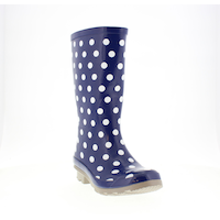 Outbound Women's Waterproof Polka Dot Rubber Boots with Traction Outsole, Dark Blue Front_Three_Fourths_Angled_Right