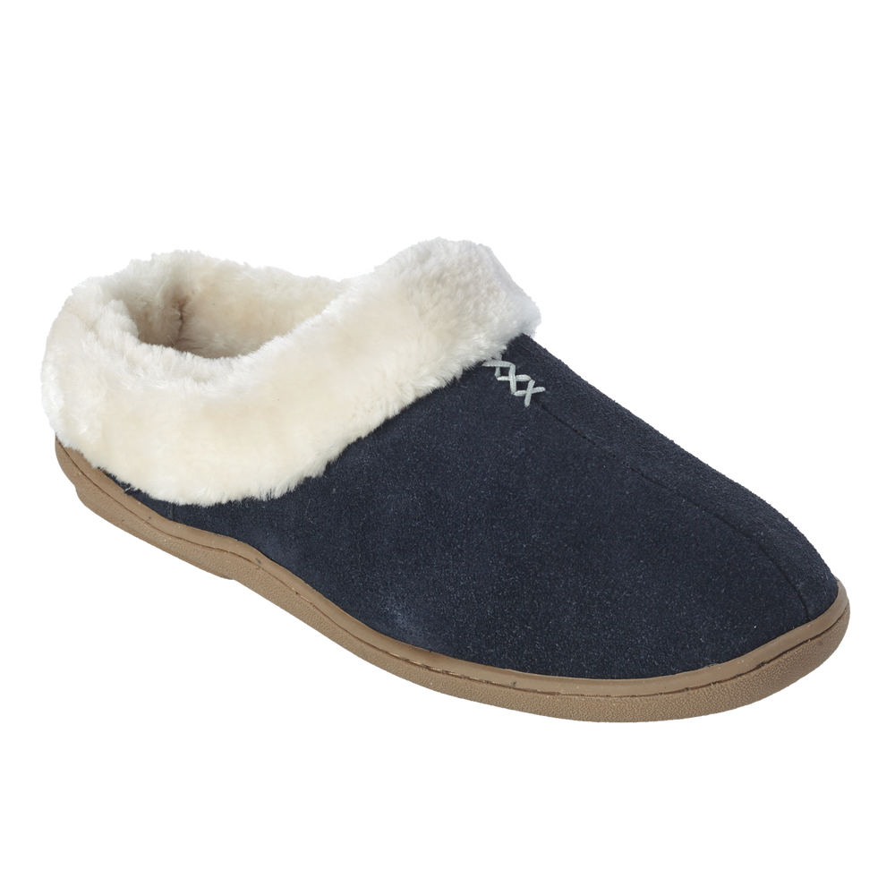 Outbound Women's Fleece Lined Leather Slip-On House Slippers Indoor/Outdoor  Soles, Navy