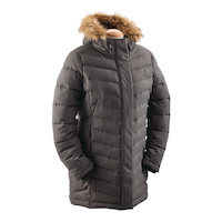 Woods Women's Sylvia Insulated Winter Parka Puffer Jacket Faux Fur Trim Hood, Dark Grey Front_Angled_Right