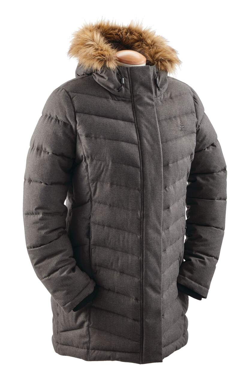 Woods Women's Sylvia Insulated Winter Parka Puffer Jacket Faux Fur Trim Hood,  Dark Grey