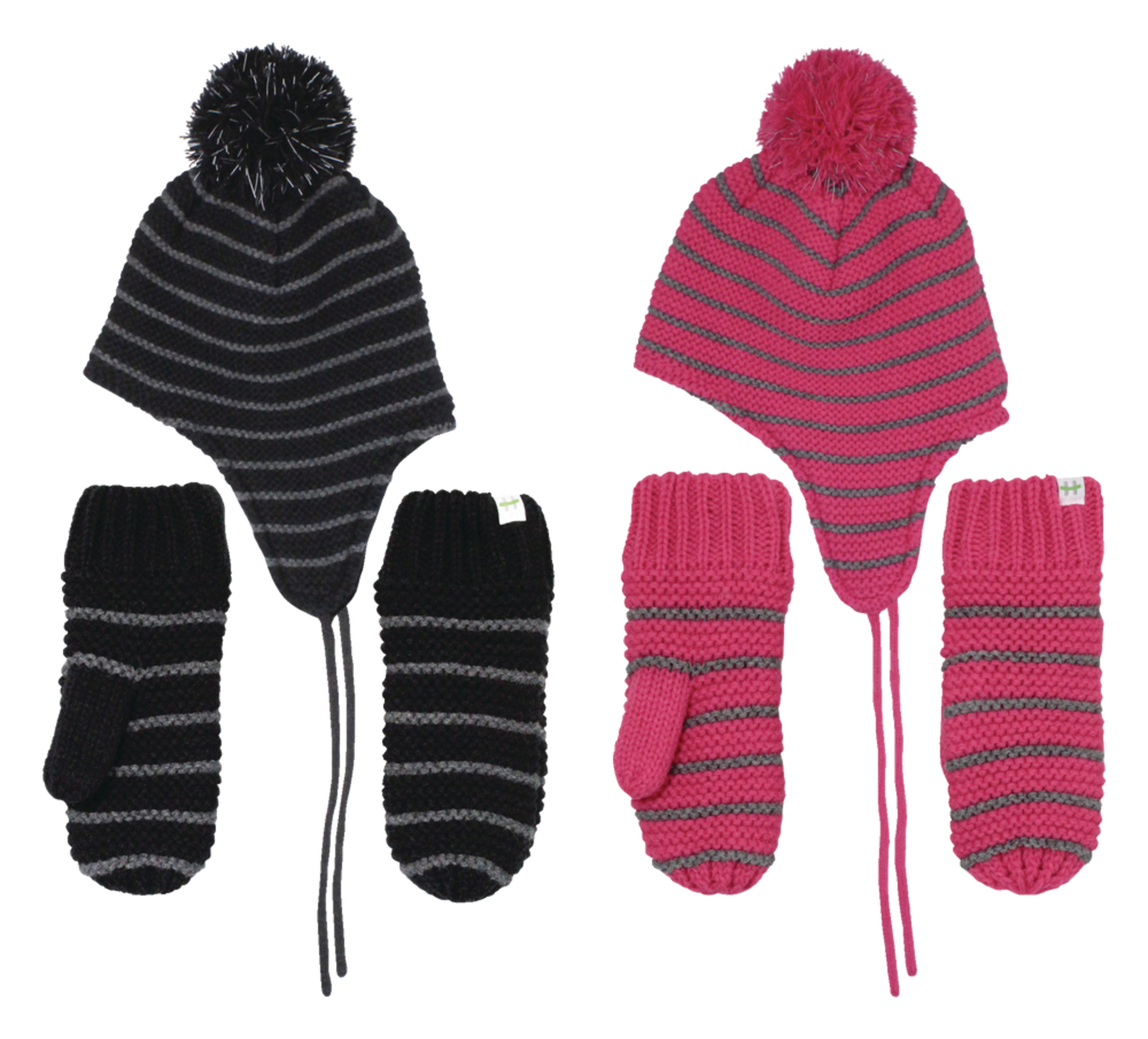 Hot Paws Kids  Knit Fleece Lined Pom-Pom Toque Beanie Hat & Mitts/Mittens Set Assorted Composite_or_Mixed