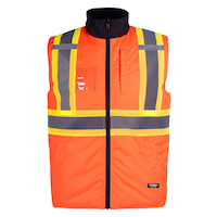 Terra Hi-Vis Reversible Winter Lined Safety Work Vest with Reflective Tape, Waist Pockets, Assorted Sizes, Orange
