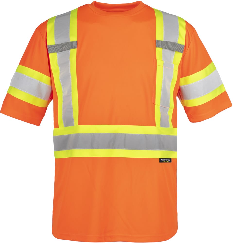 Terra Hi-Vis Breathable Work T-Shirt with Reflective Tape, Chest Pocket,  Orange