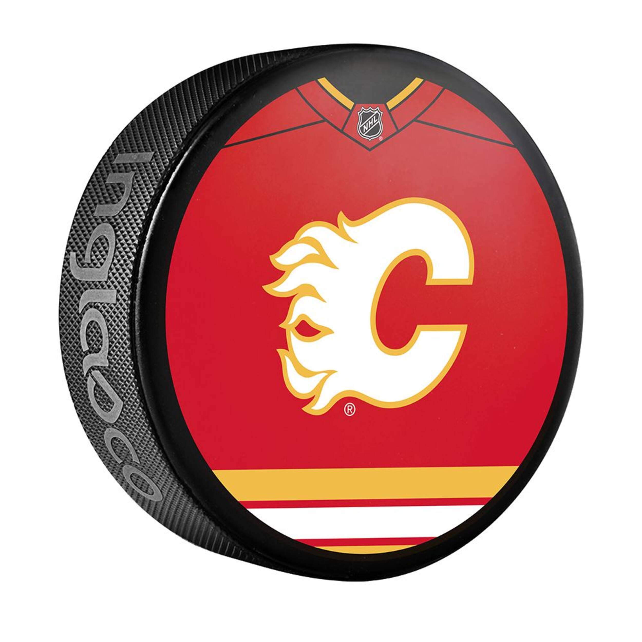Rondelle de hockey souvenir de la LNH, Flames de Calgary, 6 oz Front_Three_Fourths_Angled_Right