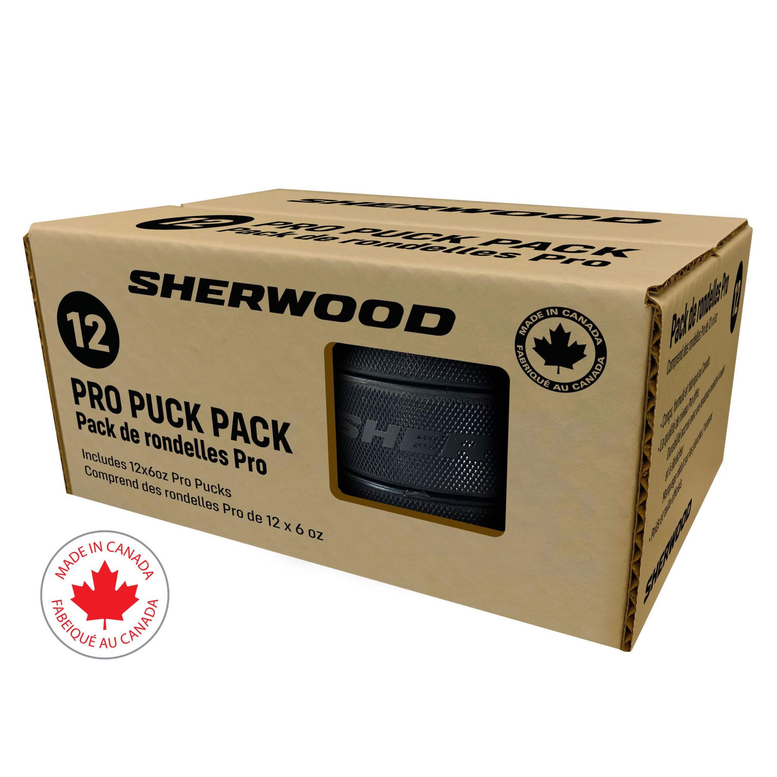 Sherwood Pro Hockey Pucks, Black, 6-oz, 12-pk Front_Angled_Left