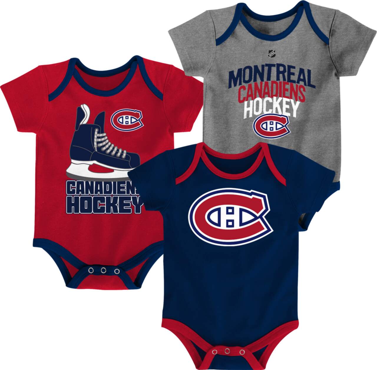 NHL Montreal Canadiens Infant Baby Bodysuit Onesie Red Blue Grey 3 pk Canadian Tire