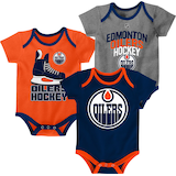 NHL Edmonton Oilers Infant/Baby Bodysuit Onesie, Grey/Orange/Blue, 3-pk Front_Flat