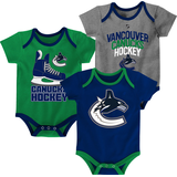 NHL Vancouver Canucks Infant/Baby Bodysuit Onesie, Blue/Green/Grey, 3-pk Front_Flat
