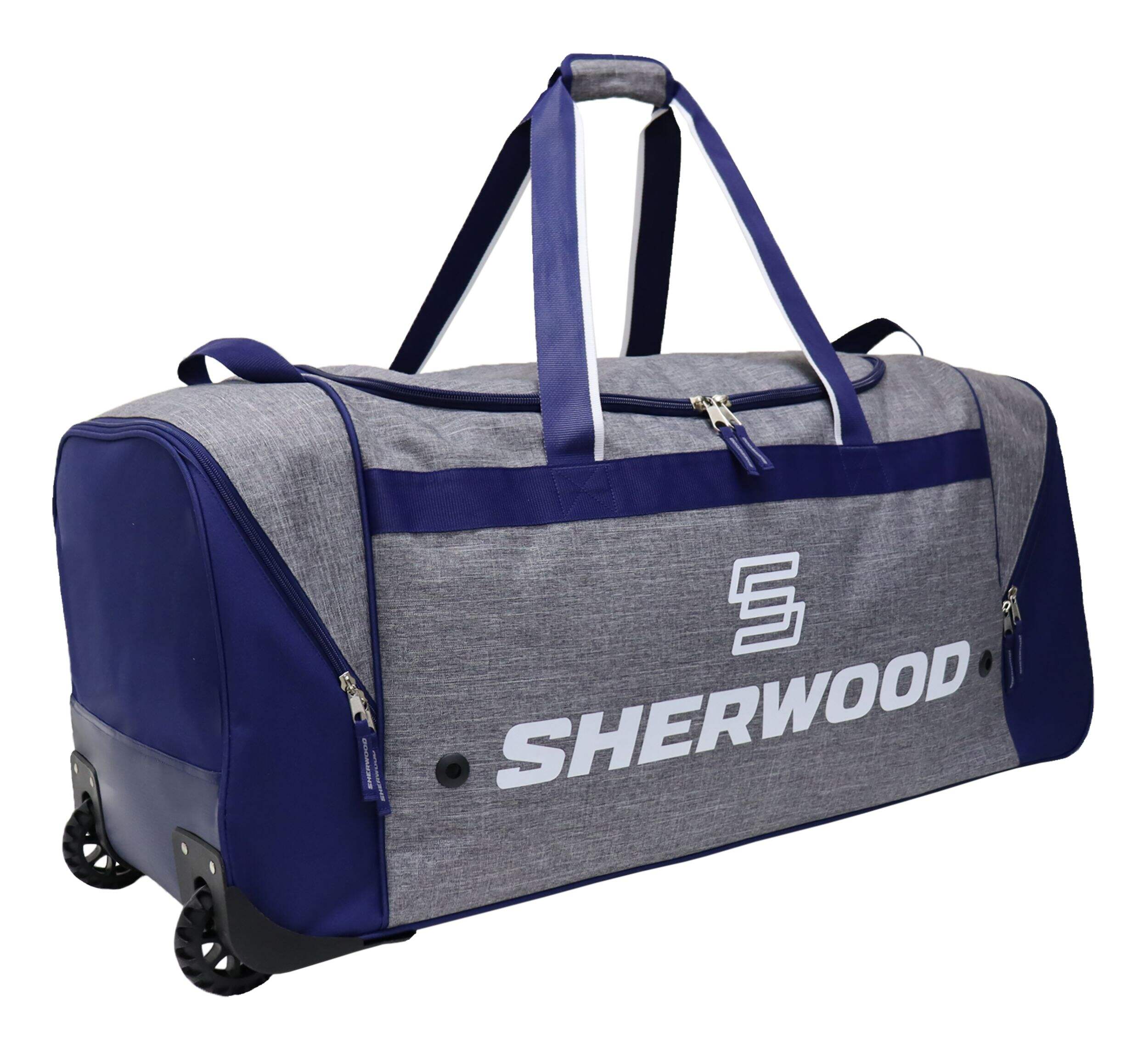 Sherwood Heavy-Duty Hockey Bag, Wheeled, Senior, Grey/Blue 38-in Front_Three_Fourths_Angled_Right