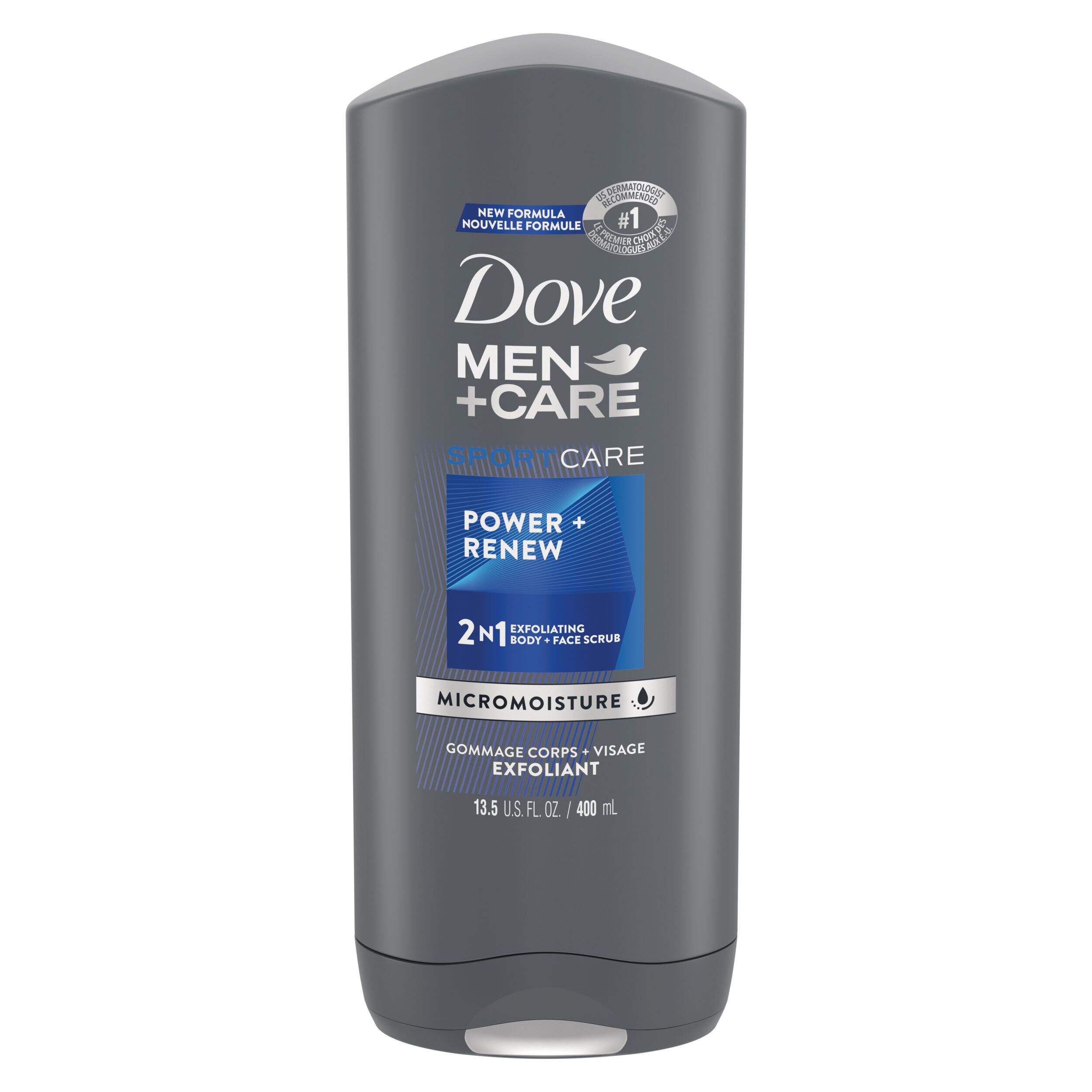 Nettoyant pour le corps et le visage exfoliant sportif 2-en-1 Dove Men+Care Power + Renew, 400 mL Front_Flat