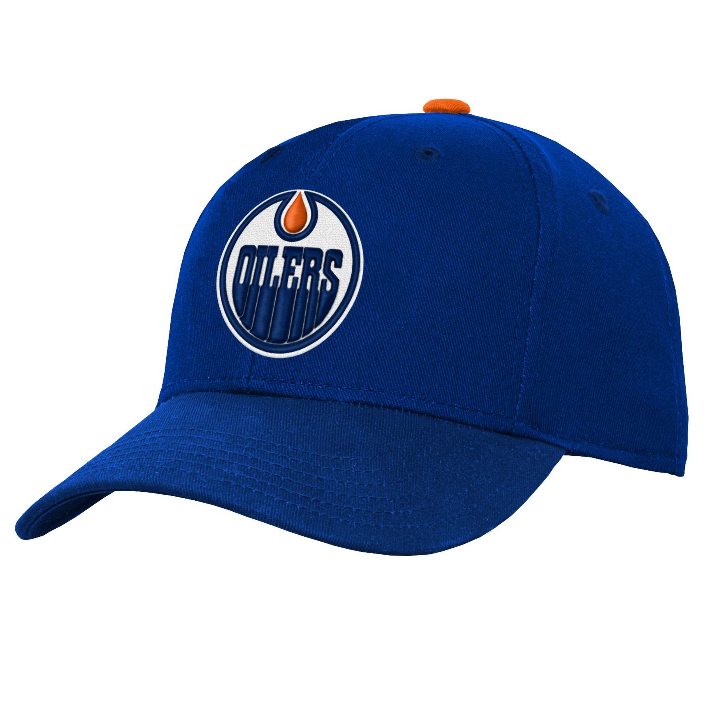 Casquette ajustable à visière courbée LNH, Oilers d'Edmonton, jeune Front_Three_Fourths_Angled_Left