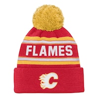 Tuque tricot jacquard à revers de la LNH, Flames de Calgary, pompon, jeune Front_Flat