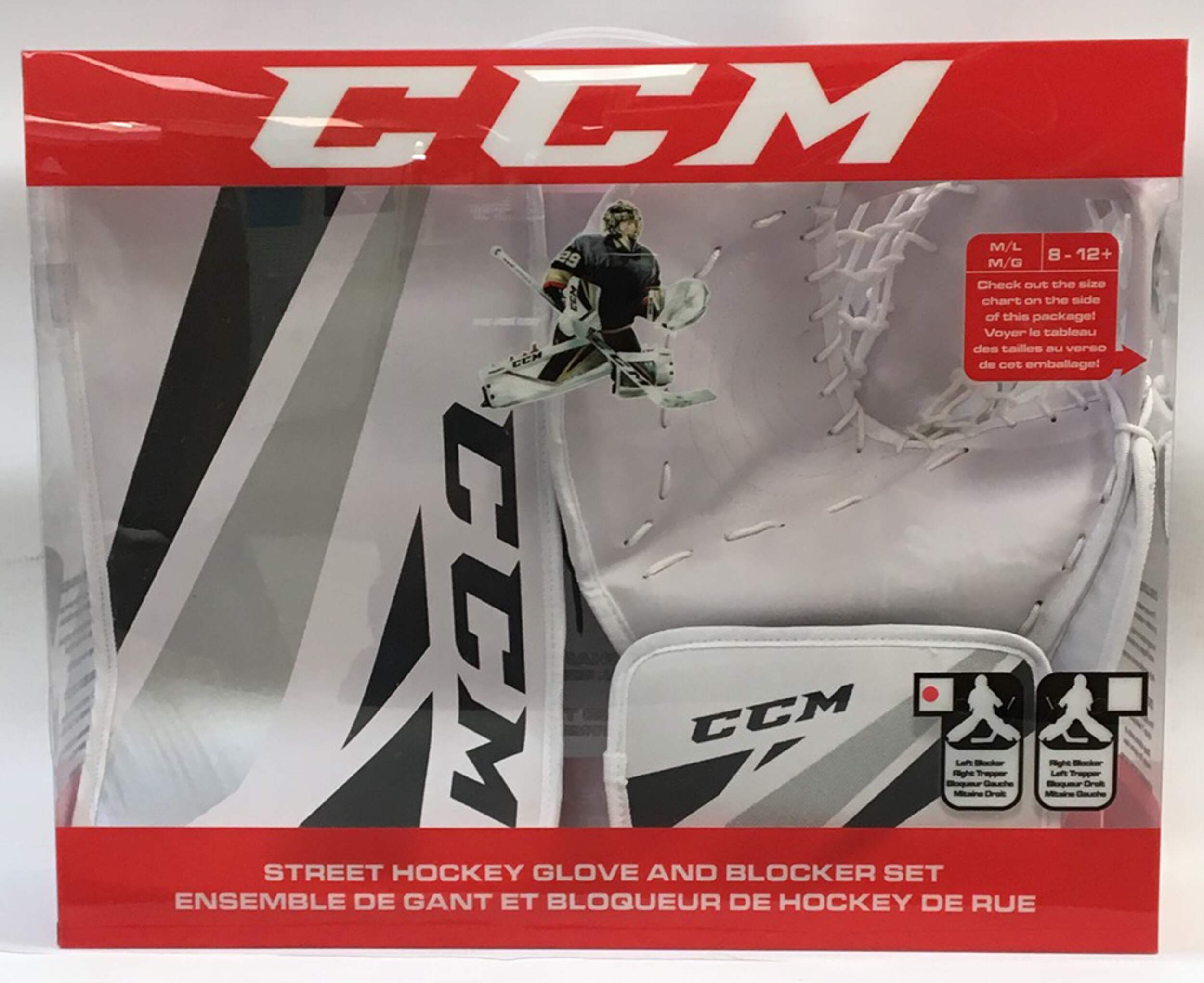 CCM Street Hockey Goalie Glove & Blocker Set, White/Black, Right, Intermediate Front_Flat