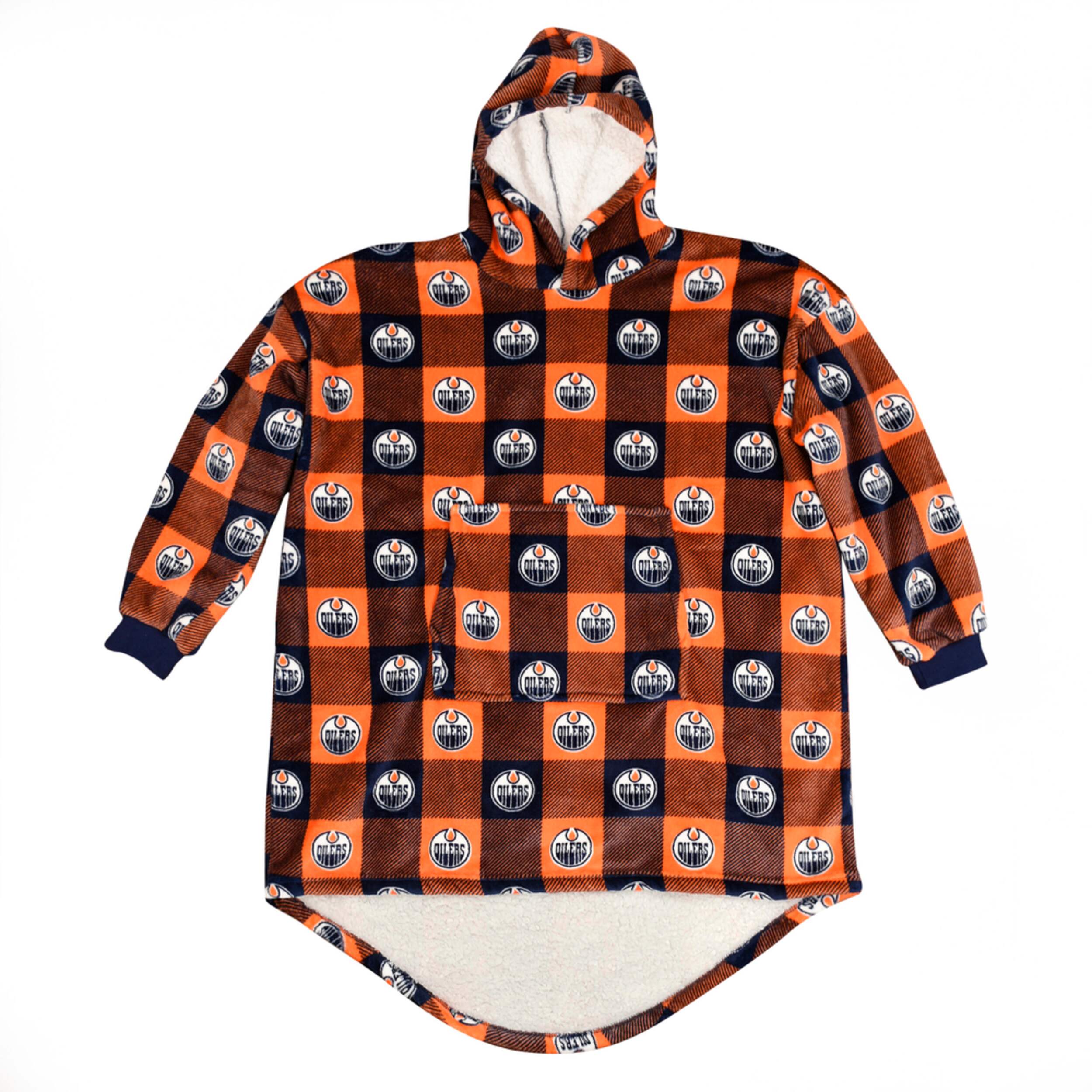 NHL Edmonton Oilers Hockey Team Logo Hooded Sherpa Sweater Blanket Front_Flat