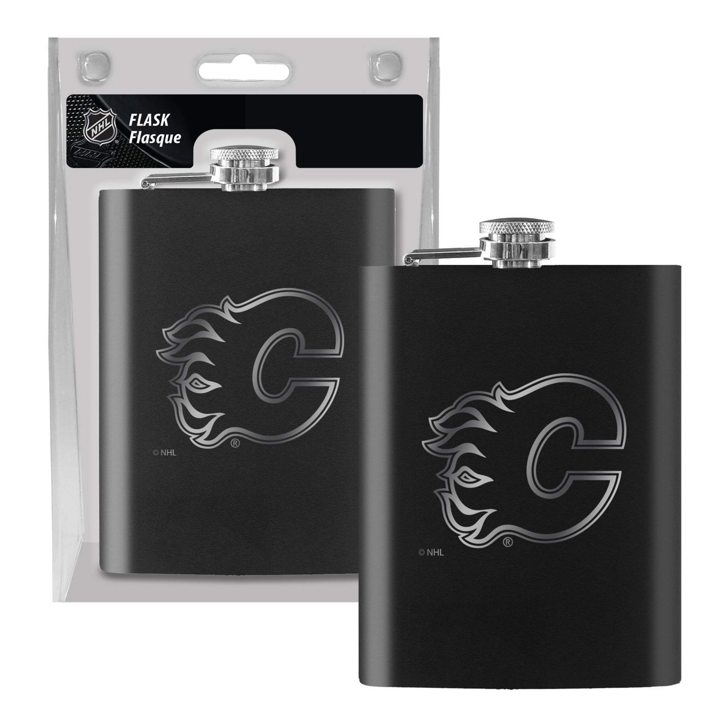 Flacon en acier inoxydable avec logo gravé des Flames de Calgary, 8 oz Front_Flat