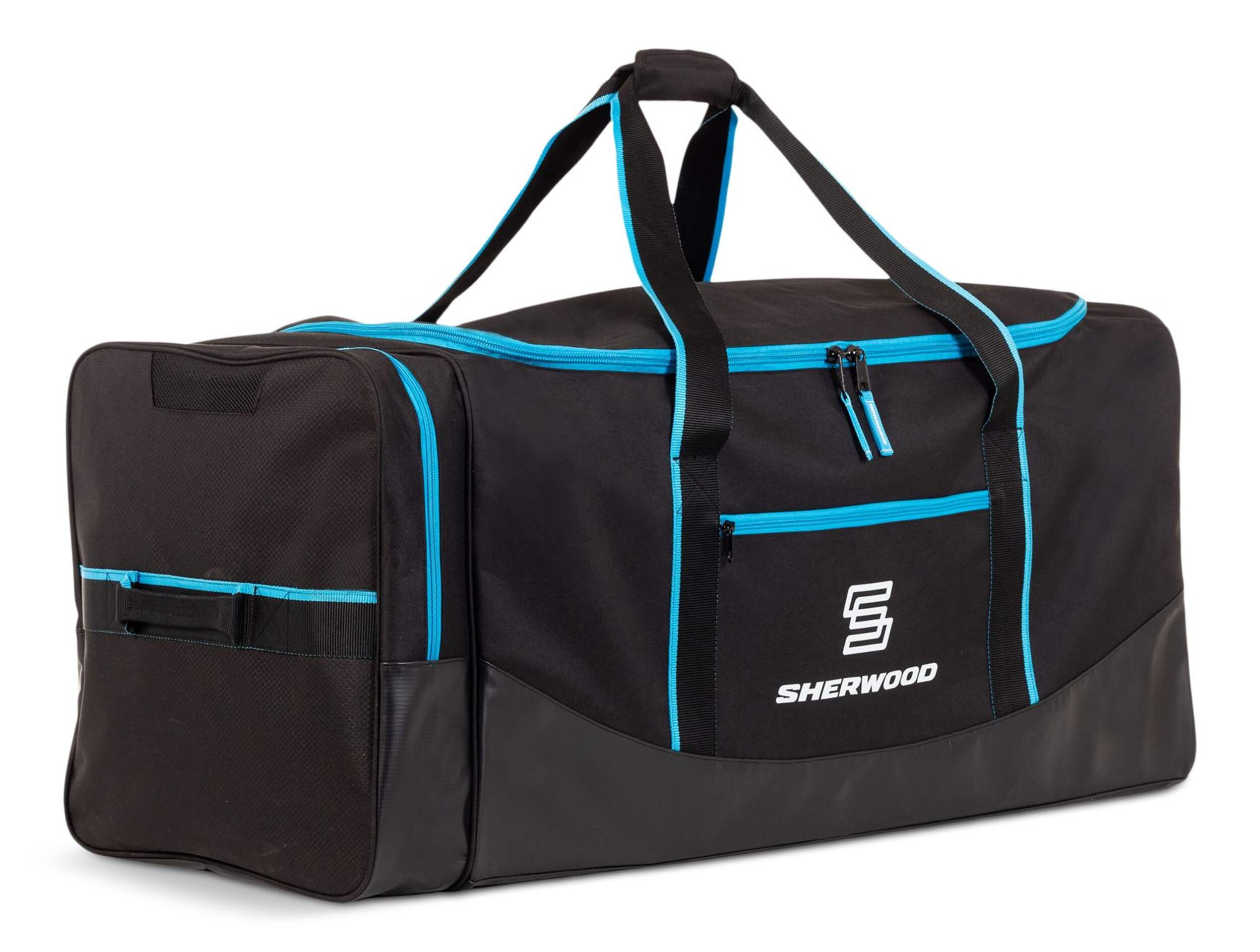 Sherwood Hockey Bag with End Pocket, Carry, Senior, Black/Blue, 38-in Front_Three_Fourths_Angled_Right