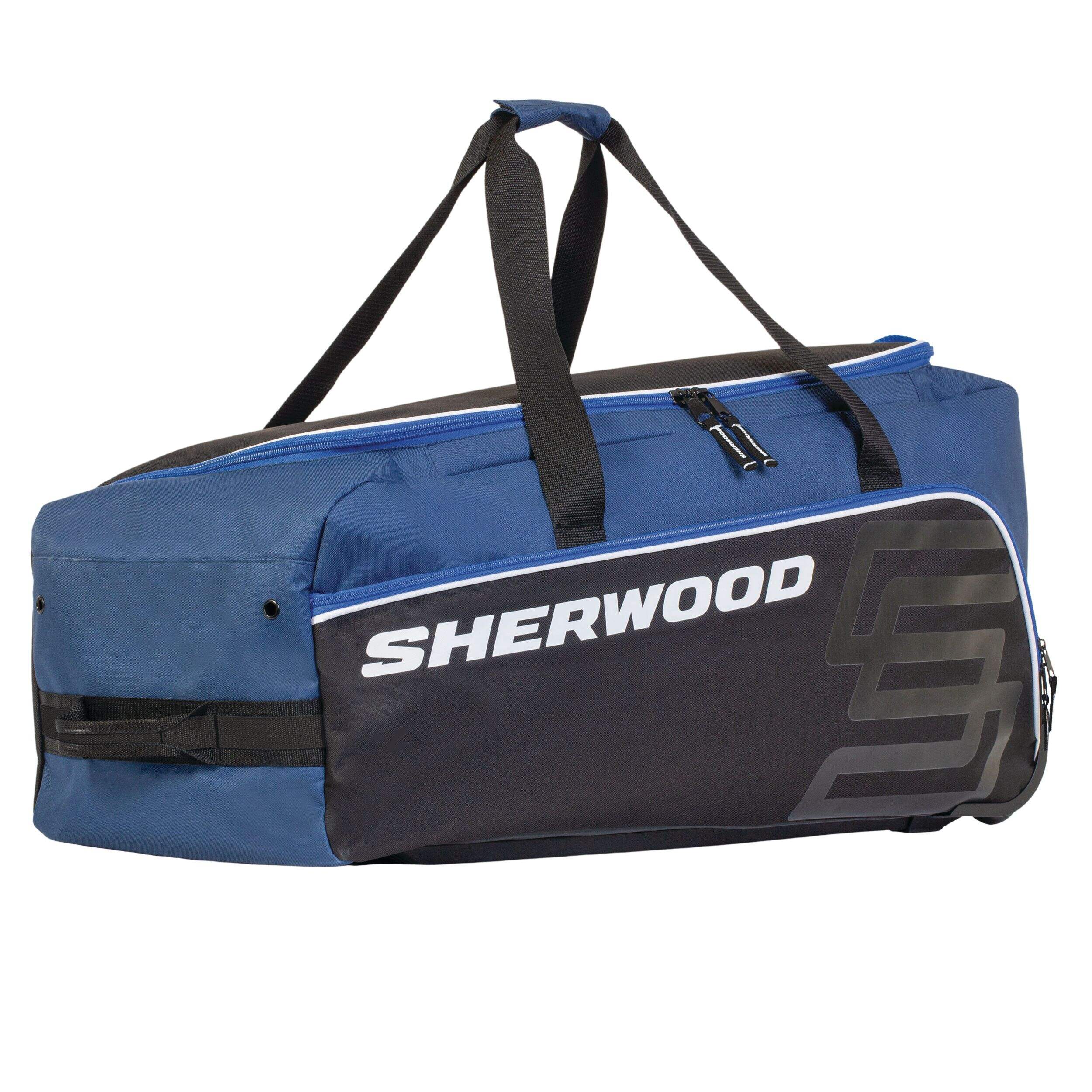 Sherwood Zippered Wheeled Hockey Bag for Junior Players, Black/Blue, 32-in Front_Three_Fourths_Angled_Right