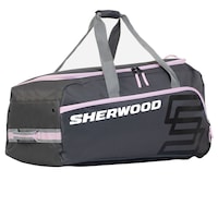 Sherwood Zippered Wheeled Hockey Bag for Junior Players, Grey/Pink, 32-in Front_Three_Fourths_Angled_Right