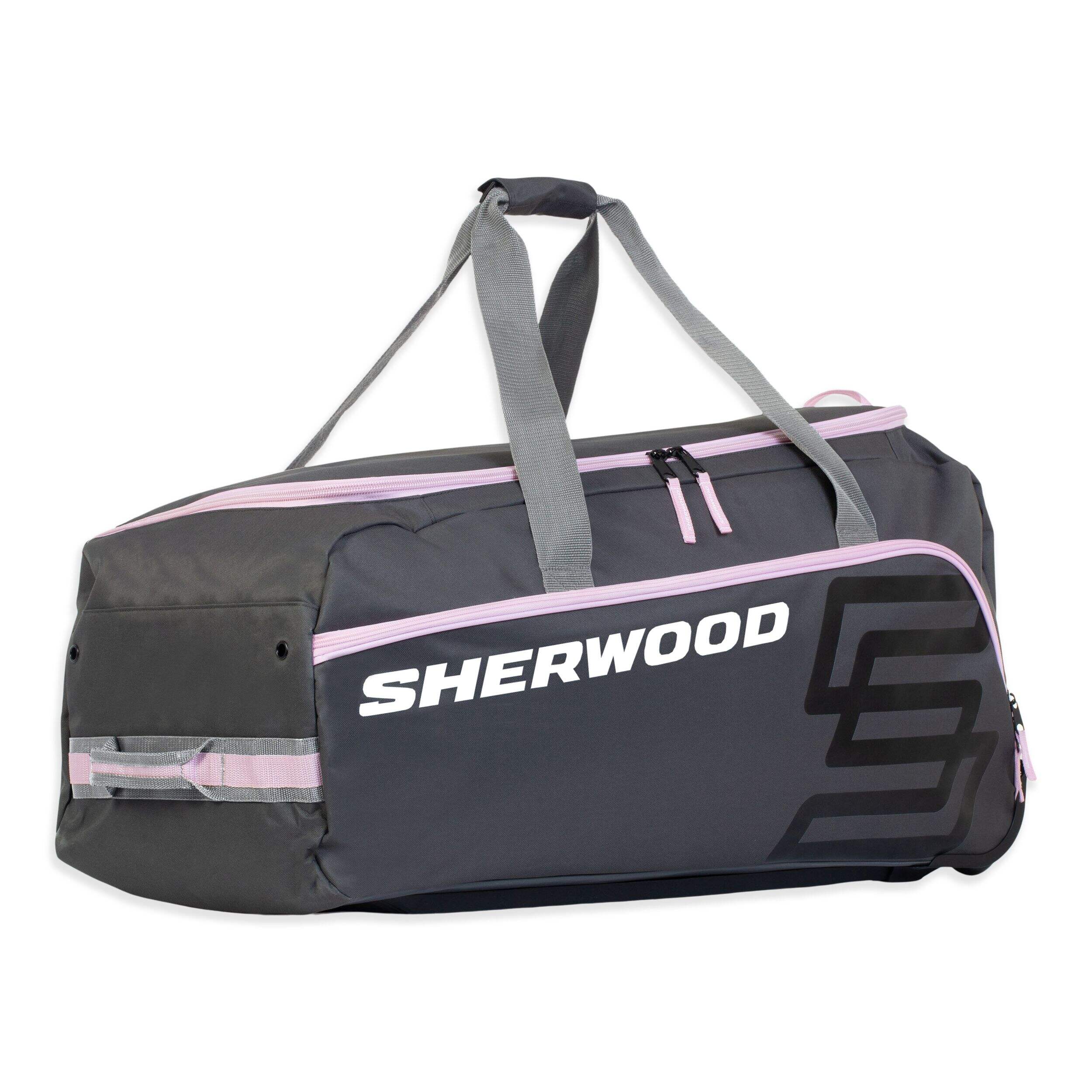 Sherwood Zippered Wheeled Hockey Bag for Junior Players, Grey/Pink, 32-in Front_Three_Fourths_Angled_Right