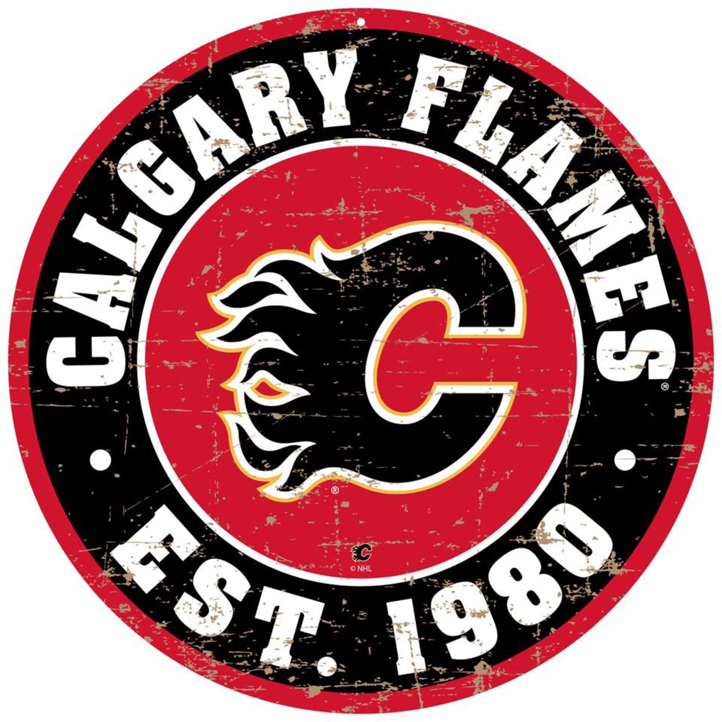 NHL Calgary Flames Round Distressed Hockey Team Sign, 12-in Front_Flat