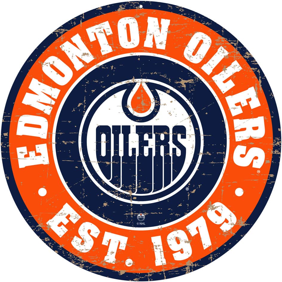 NHL Edmonton Oilers Round Distressed Hockey Team Sign, 12in Canadian