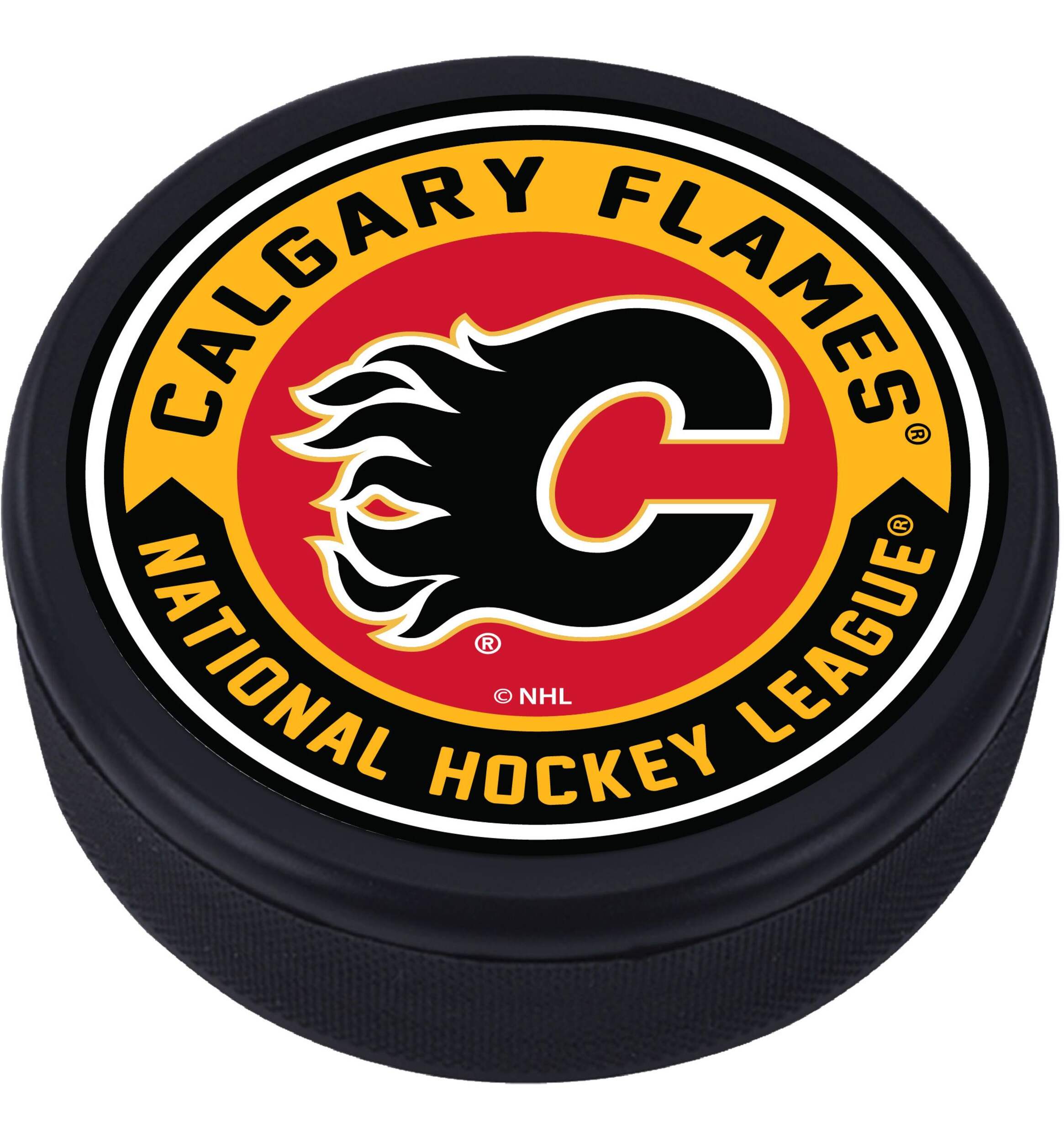 Rondelle avec logo gravé de la LNH, Flames de Calgary Overhead_Plunge