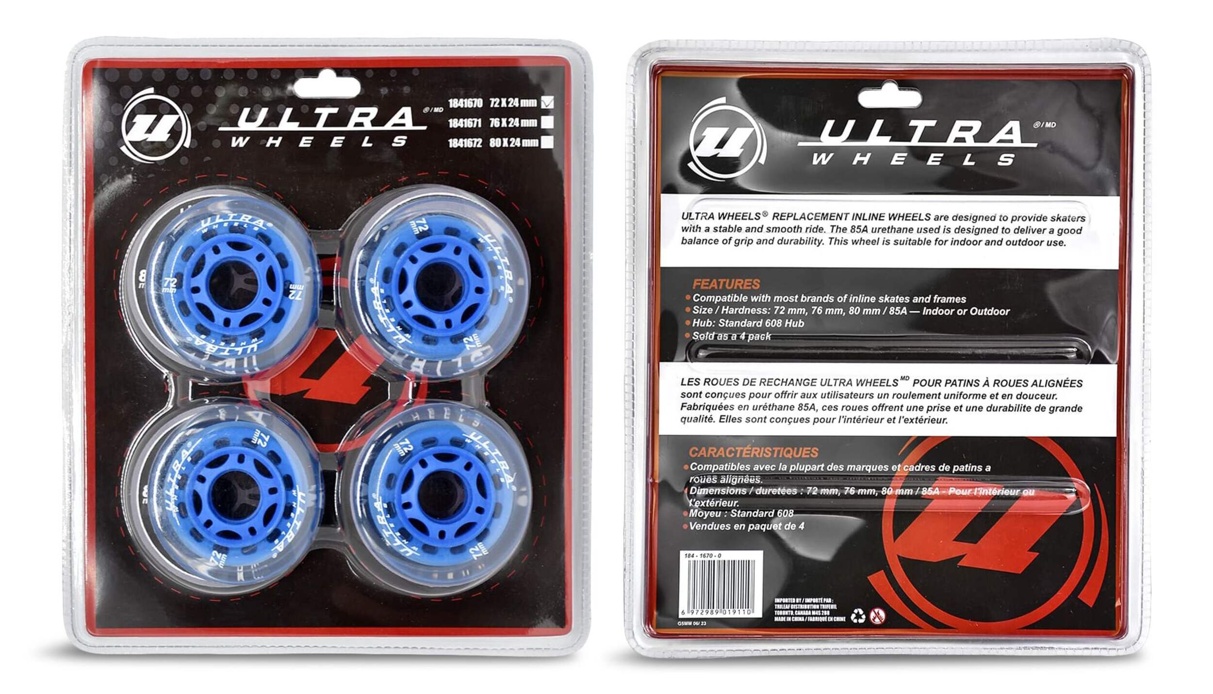 Ultra Wheels Inline Skates Replacement Wheels, Assorted Sizes, Blue, 4